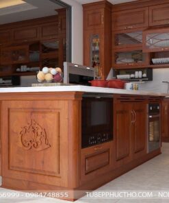Mẫu thiết kế 3D tủ bếp gỗ gõ đỏ nhà cô Hà - Xuân Mai - Hà Nội 05