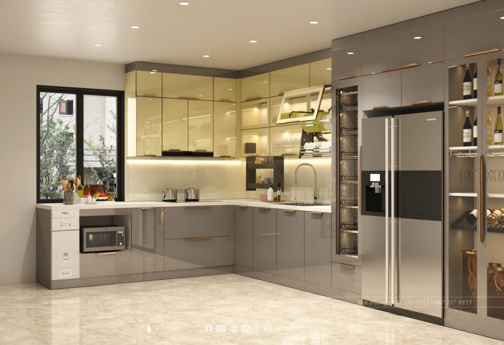 Tủ bếp Inox cánh kính chữ L kiểu dáng hiện đại được thiết kế cho gia đình anh Cường - KĐT Anh Dũng 5 - Hải Phòng 