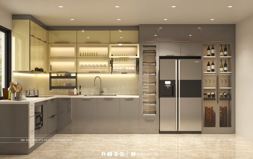 Tủ bếp Inox cánh kính chữ L kiểu dáng hiện đại được thiết kế cho gia đình anh Cường - KĐT Anh Dũng 5 - Hải Phòng 