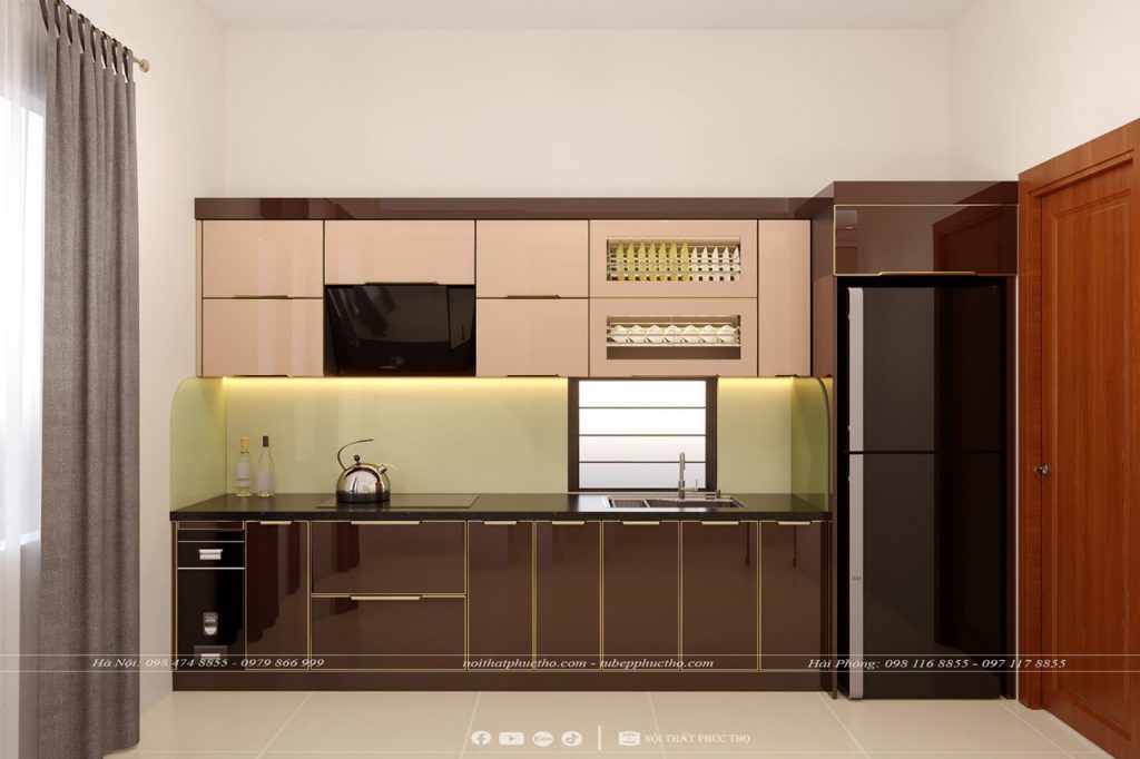 Tủ bếp inox cánh kính chữ I nhỏ gọn đầy đủ tiện nghi nhà chị Cúc - Tiên Lãng - Hải Phòng