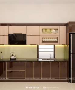 Tủ bếp inox cánh kính chữ I nhỏ gọn đầy đủ tiện nghi nhà chị Cúc - Tiên Lãng - Hải Phòng