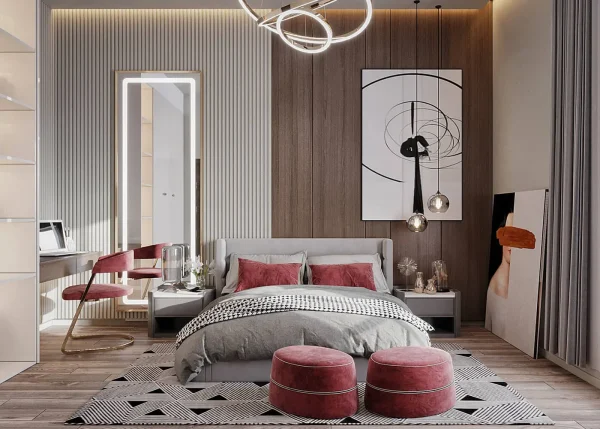 Phòng ngủ được trang trí với các đèn ngủ và tranh treo tường ấn tượng