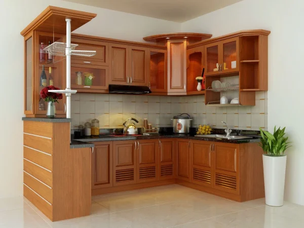 Quầy bar nhỏ gọn kết hợp cùng tủ bếp chữ L gỗ căm xe
