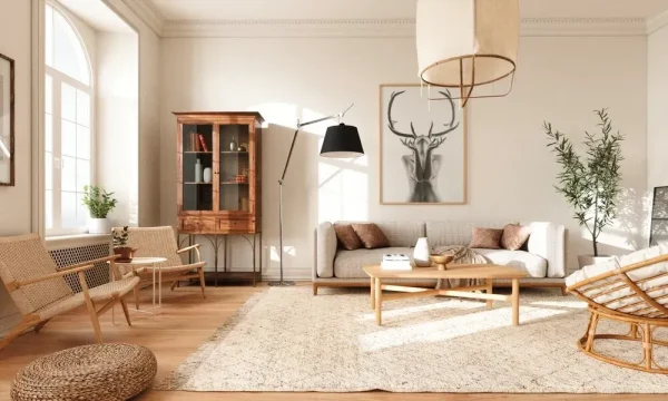 Phòng khách với màu trắng làm chủ đạo kết hợp với phong cách tối giản